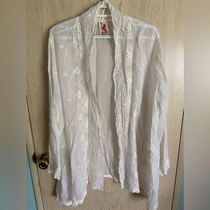 JOHNNY WAS Embroidered Feminine White Open Front Kimono Cardigan Jacket Sz 2X